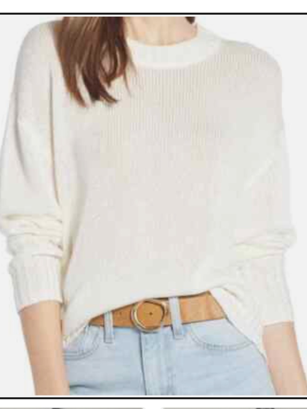 Something Navy Women's Semi Sheer Crewneck Long Sleeve Ribbed‎ Sweater Cream
